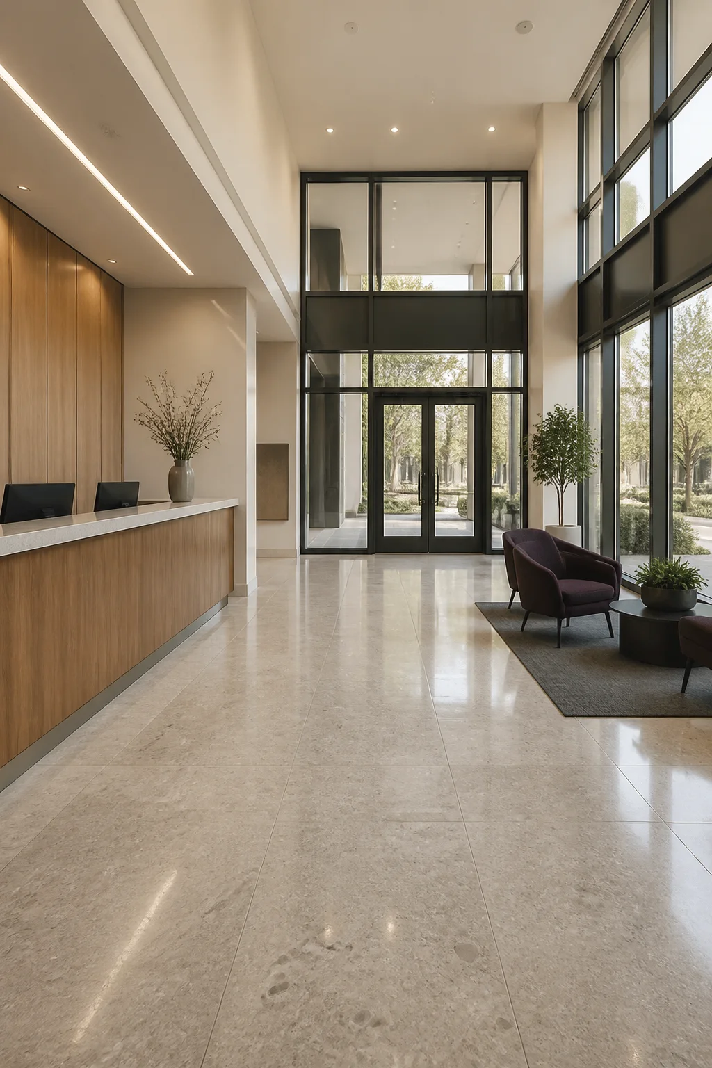 Sunlit Fresno commercial lobby and reception