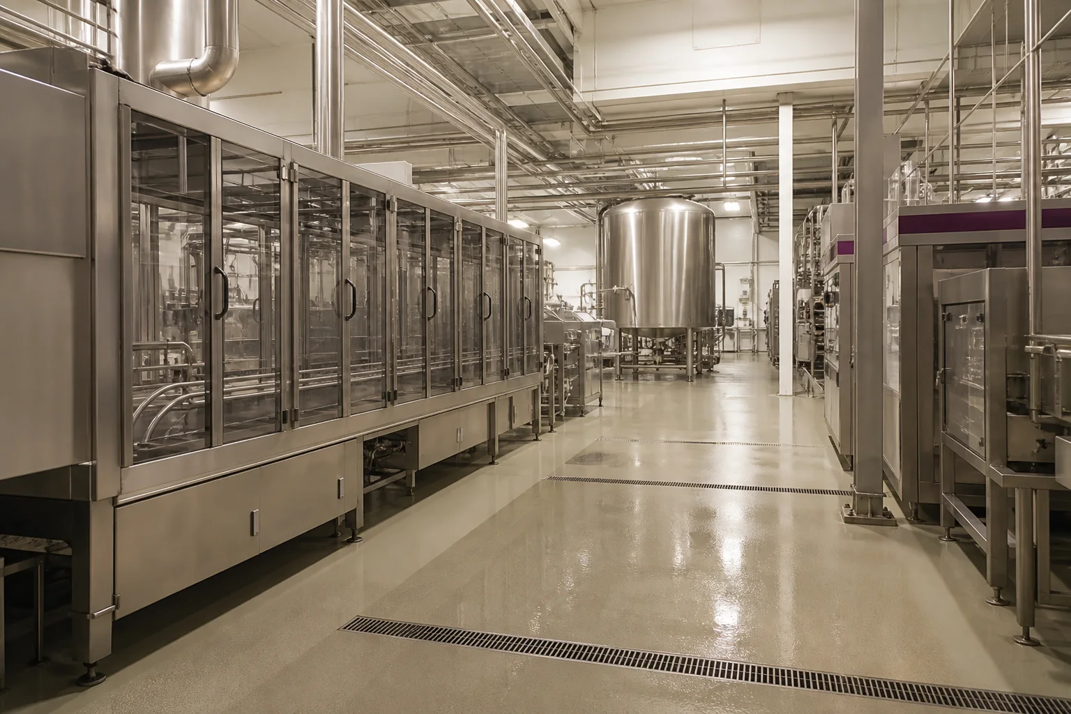 Orderly food and beverage processing interior with enclosed production equipment