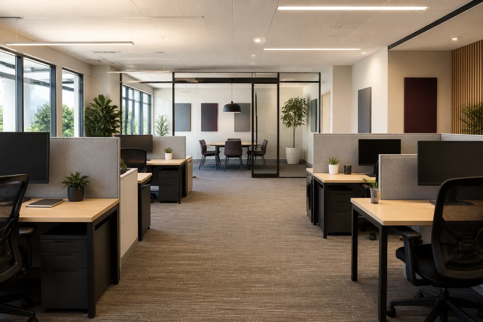 Clean professional office with meeting rooms and shared work areas