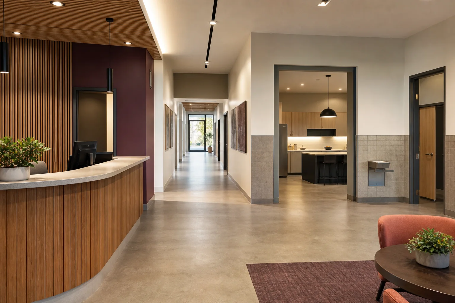 Clean shared commercial areas maintained through recurring janitorial service