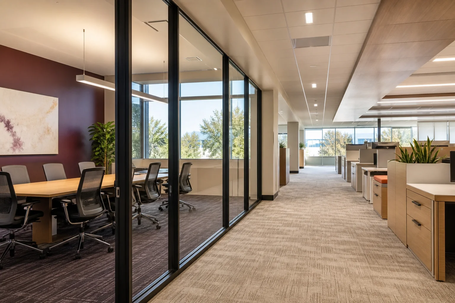 Clean professional office with meeting rooms and shared work areas