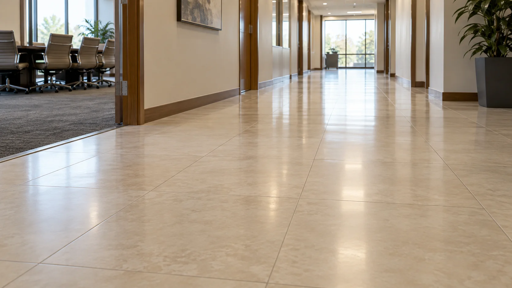 Maintained commercial tile floor beside a carpeted meeting room