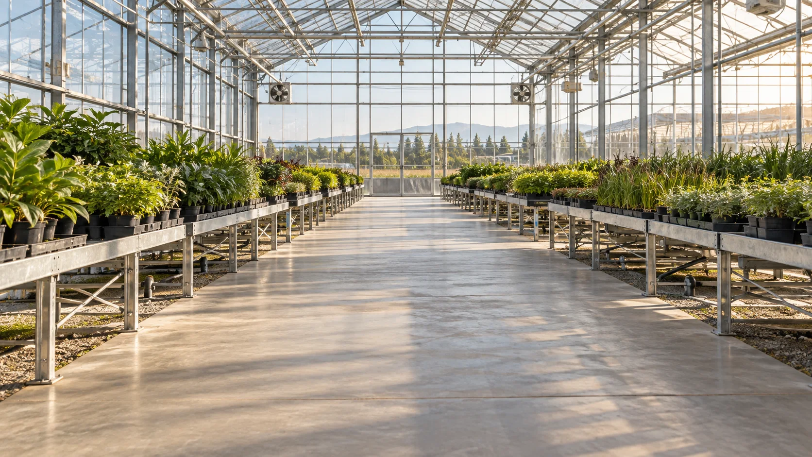 Clean concrete aisle and growing benches inside a commercial greenhouse