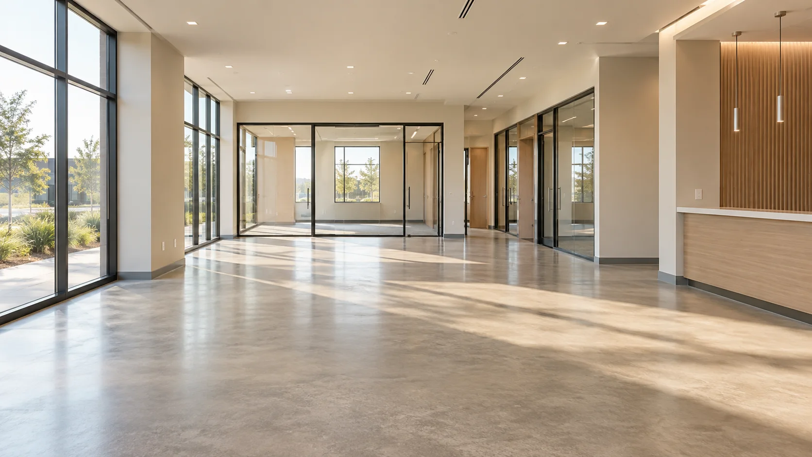 Clean newly completed commercial interior with glass office partitions